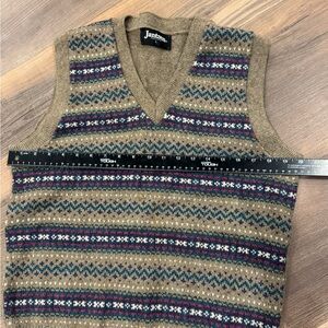 Jantzen Tan Fair Isle V-Neck Sweater Vest with Burgundy & Navy Large Wool